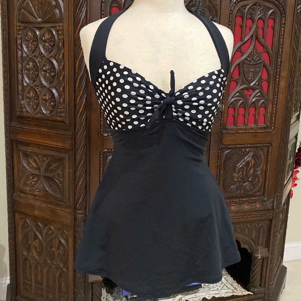 Pinup 50s vintage inspired black white polka dots swimsuit S 6